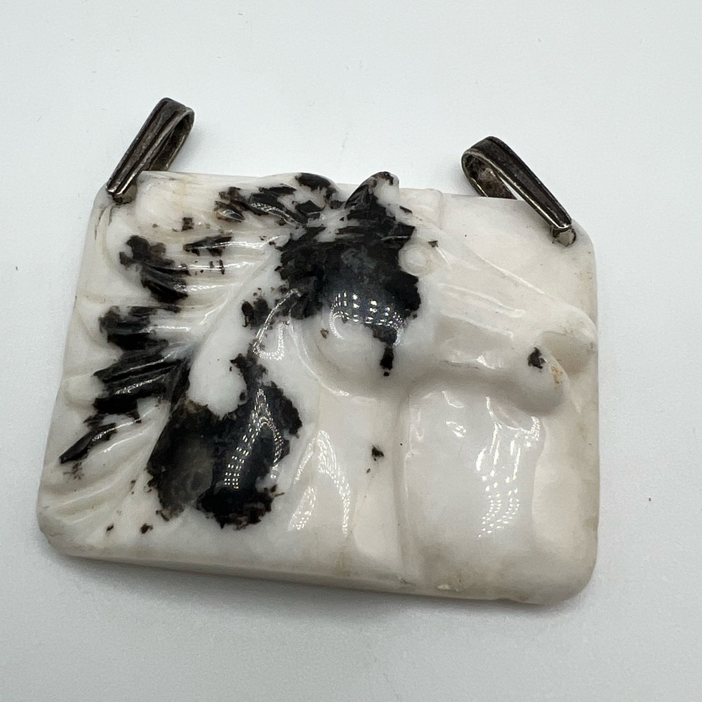 Zebra Marble Pendant Natural Gemstone Handmade Horse Handcrafted 1.5” 34g White